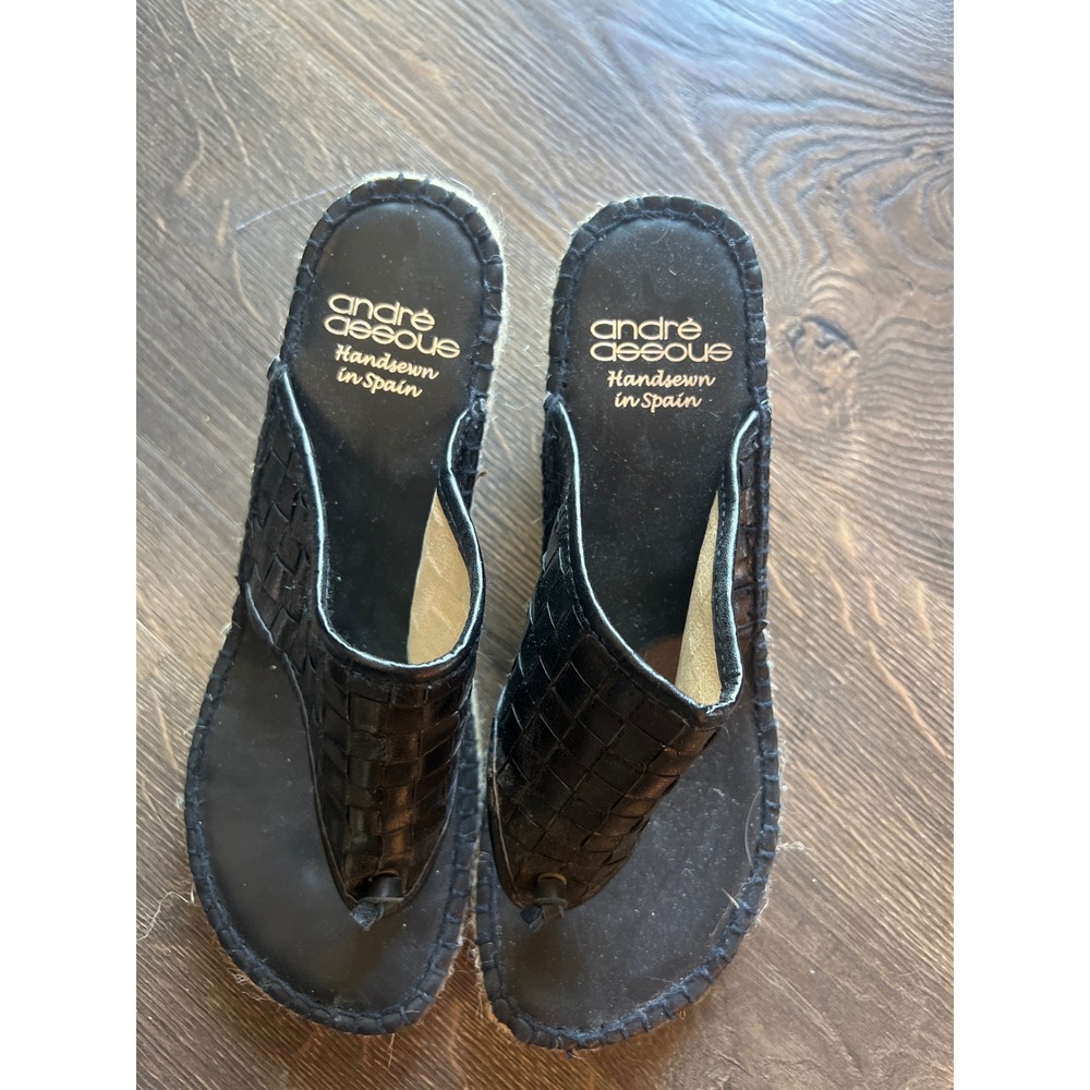 Andre Assous Black Woven Leather Espadrille Wedge Sandals Handsewn Womens 38